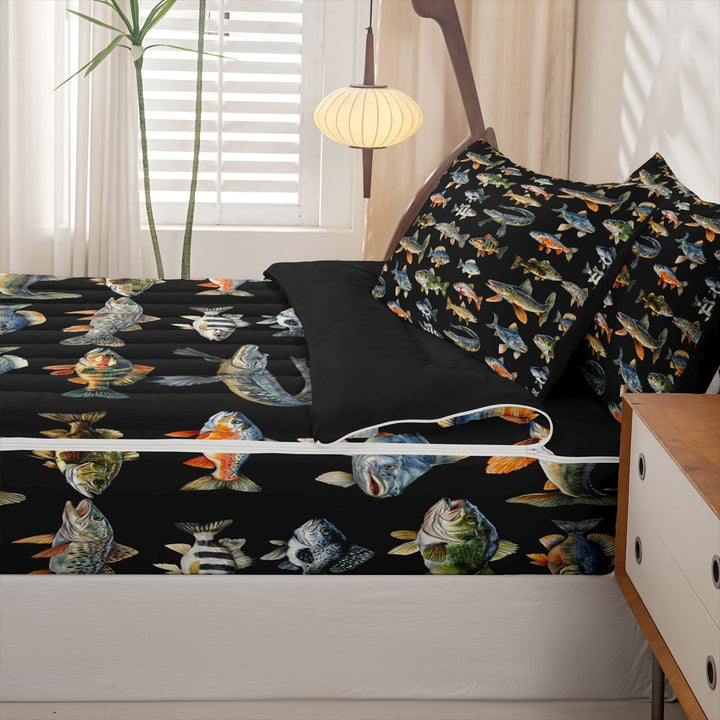 meiyoeat Cute Pike Fish Zipper Full Size Comforter Sets with Fitted Sheet and 2 Pillowcases For Boys,Black Watercolor Print Zipper Bedding Set Kids,Black Reversible,4-Piece