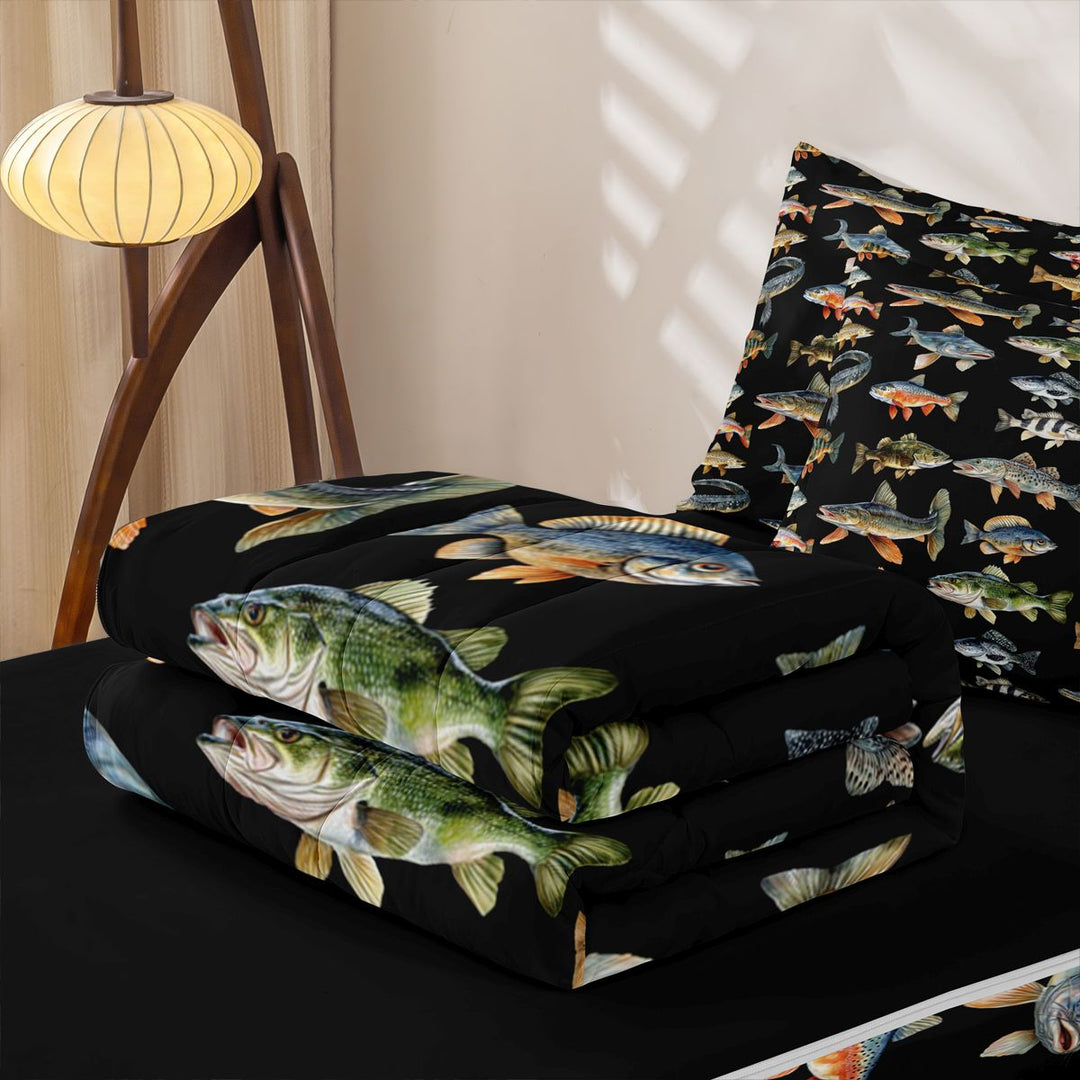 meiyoeat Cute Pike Fish Zipper Full Size Comforter Sets with Fitted Sheet and 2 Pillowcases For Boys,Black Watercolor Print Zipper Bedding Set Kids,Black Reversible,4-Piece