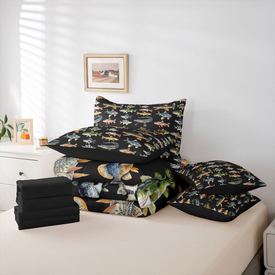 meiyoeat Cute Pike Fish 7 Pieces Full Size Bedding Sets For Boys,Black Watercolor Print Full Size Bed in a Bag Kids,Black Reversible