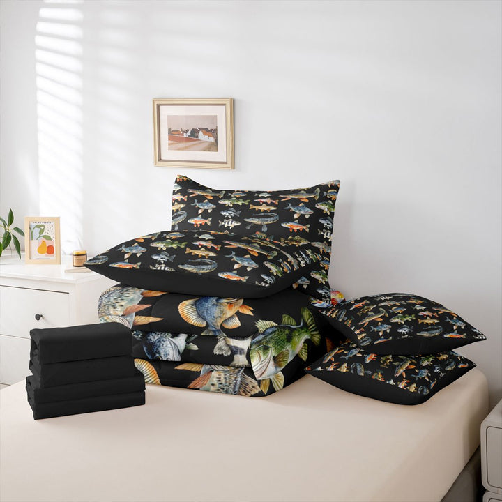 meiyoeat Cute Pike Fish 7 Pieces Full Size Bedding Sets For Boys,Black Watercolor Print Full Size Bed in a Bag Kids,Black Reversible