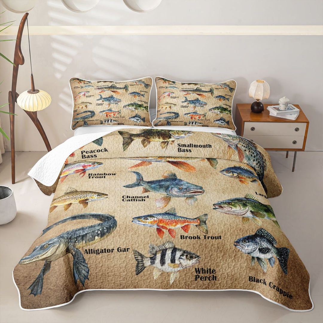 meiyoeat Vintage Pike Fish Quilt Full For Kids Boys,Rustic Farmhouse Hunting Full Bedspread Sets Men,3pcs