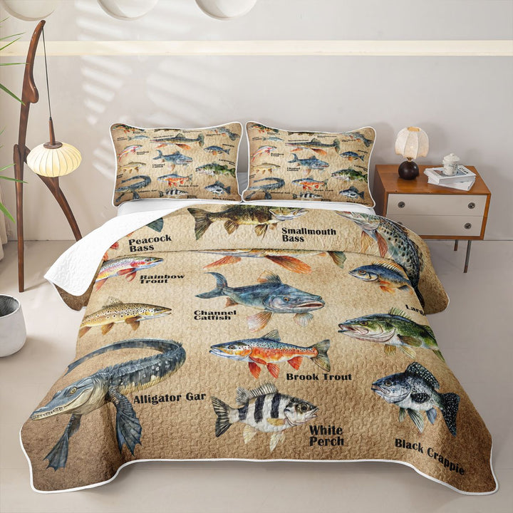 meiyoeat Vintage Pike Fish Quilt Full For Kids Boys,Rustic Farmhouse Hunting Full Bedspread Sets Men,3pcs