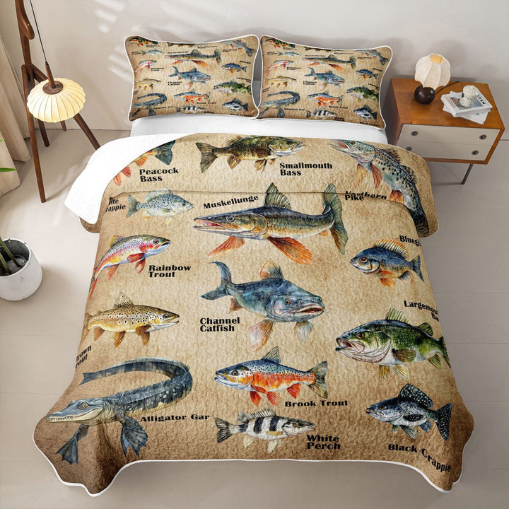 meiyoeat Vintage Pike Fish Quilt Full For Kids Boys,Rustic Farmhouse Hunting Full Bedspread Sets Men,3pcs