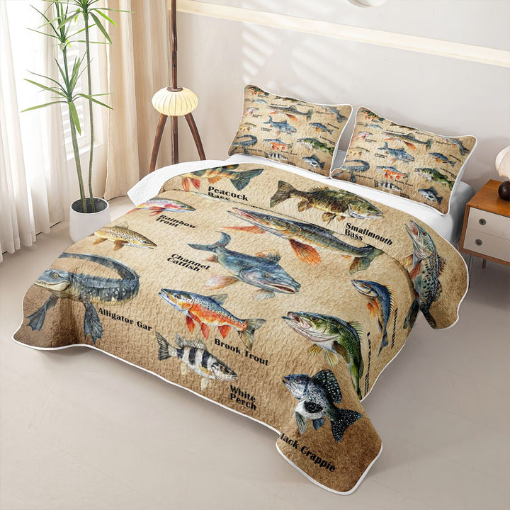 meiyoeat Vintage Pike Fish Quilt Full For Kids Boys,Rustic Farmhouse Hunting Full Bedspread Sets Men,3pcs
