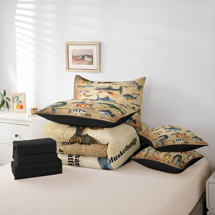 meiyoeat Vintage Pike Fish 7 Pieces Full Size Bedding Sets For Kids Boys,Rustic Farmhouse Hunting Full Size Bed in a Bag Men,Black Reversible