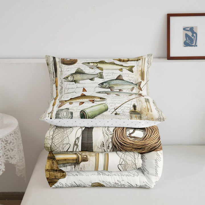 meiyoeat Rustic Pike Fish Full Size Comforter Sets For Kids,Vintage Farmhouse Fishing Bedding Comforter Set For Adults,Reversible,3-Piece