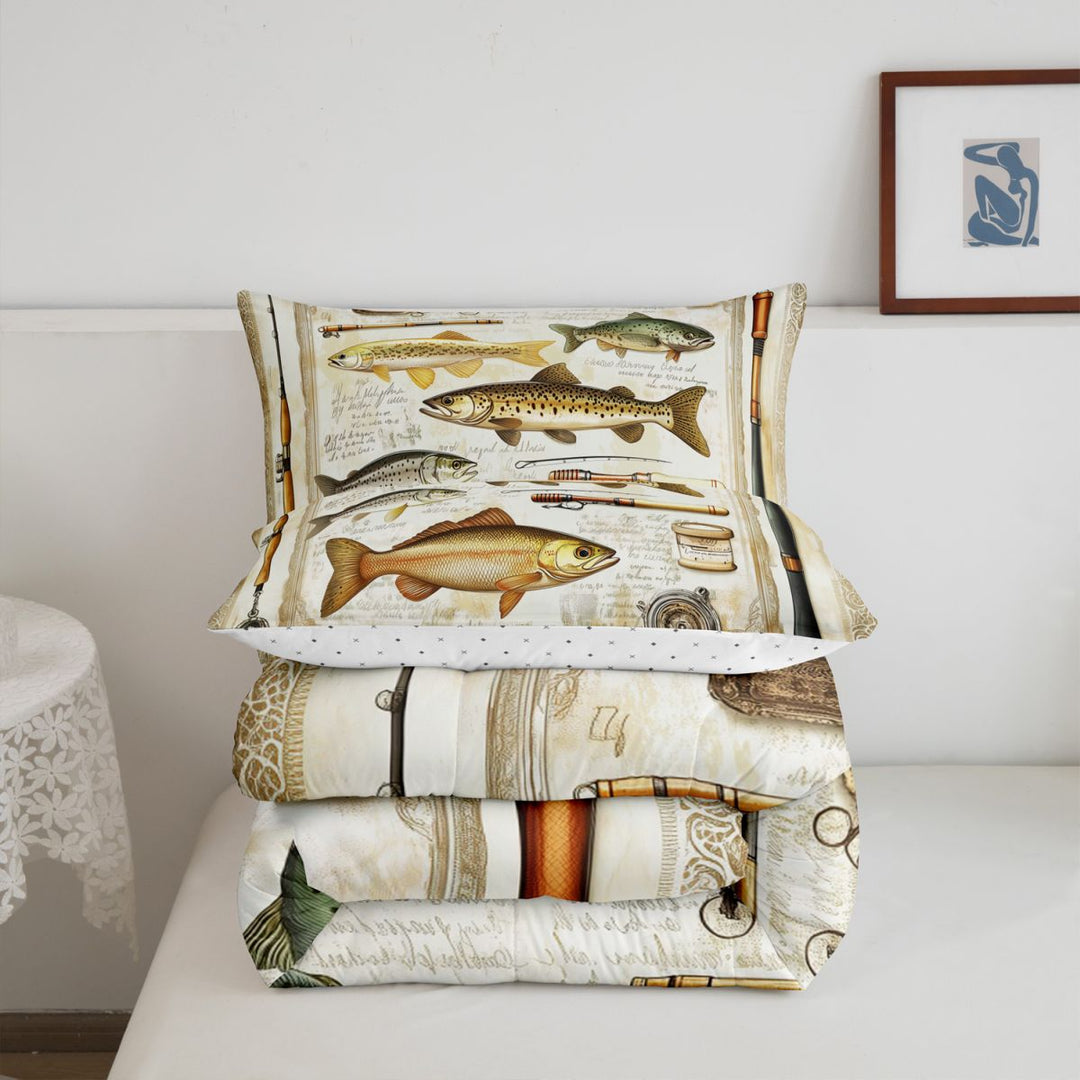 meiyoeat Retro Pike Pattern Full Size Comforter Sets For Kids,Classic Fish Art Bedding Comforter Set For Men,Reversible,3 Pieces