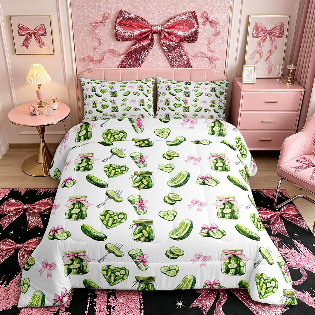 Meiyoeat Watercolor Pickle King Size Comforter Sets 3pcs for Food Lovers, Bow Print Comforters King Size, Green Pink White,Pink Reversible