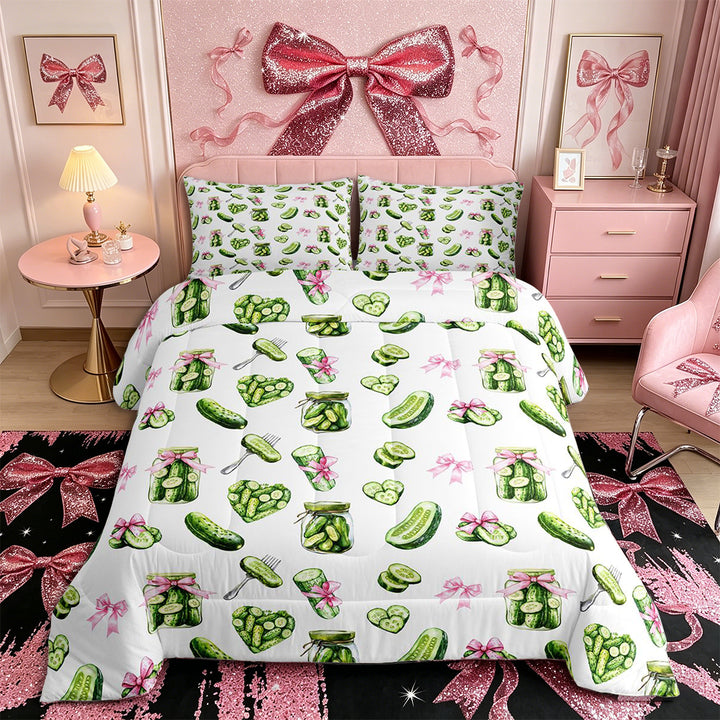 Meiyoeat Watercolor Pickle King Size Comforter Sets 3pcs for Food Lovers, Bow Print Comforters King Size, Green Pink White,Pink Reversible