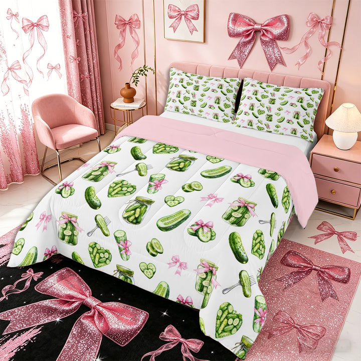 Meiyoeat Watercolor Pickle King Size Comforter Sets 3pcs for Food Lovers, Bow Print Comforters King Size, Green Pink White,Pink Reversible