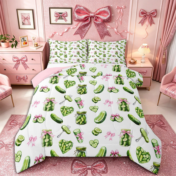 Meiyoeat Watercolor Pickle King Size Comforter Sets 3pcs for Food Lovers, Bow Print Comforters King Size, Green Pink White,Pink Reversible