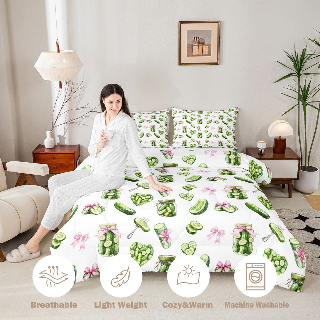 Meiyoeat Watercolor Pickle King Size Comforter Sets 3pcs for Food Lovers, Bow Print Comforters King Size, Green Pink White,Pink Reversible