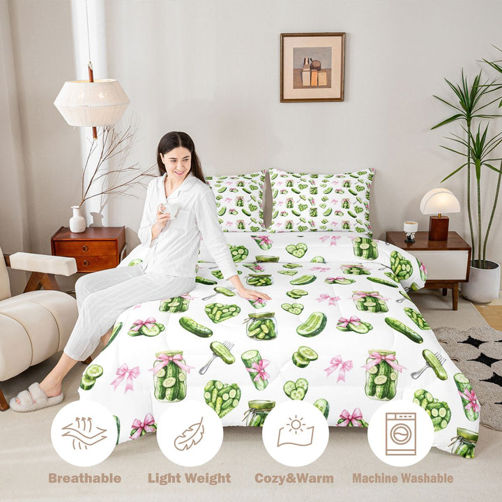 Meiyoeat Watercolor Pickle King Size Comforter Sets 3pcs for Food Lovers, Bow Print Comforters King Size, Green Pink White,Pink Reversible