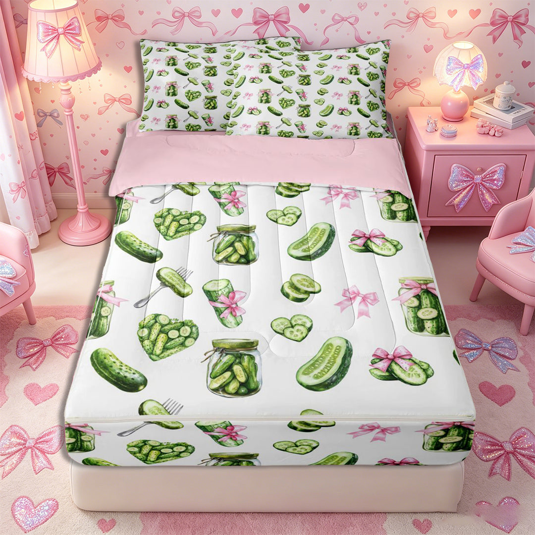 Meiyoeat Watercolor Pickle Zipper Full Size Comforter Sets with Fitted Sheet and 2 Pillowcases for Food Lovers, Bow Print Zipper Bedding Set, Green Pink White,4pcs,Pink Reversible