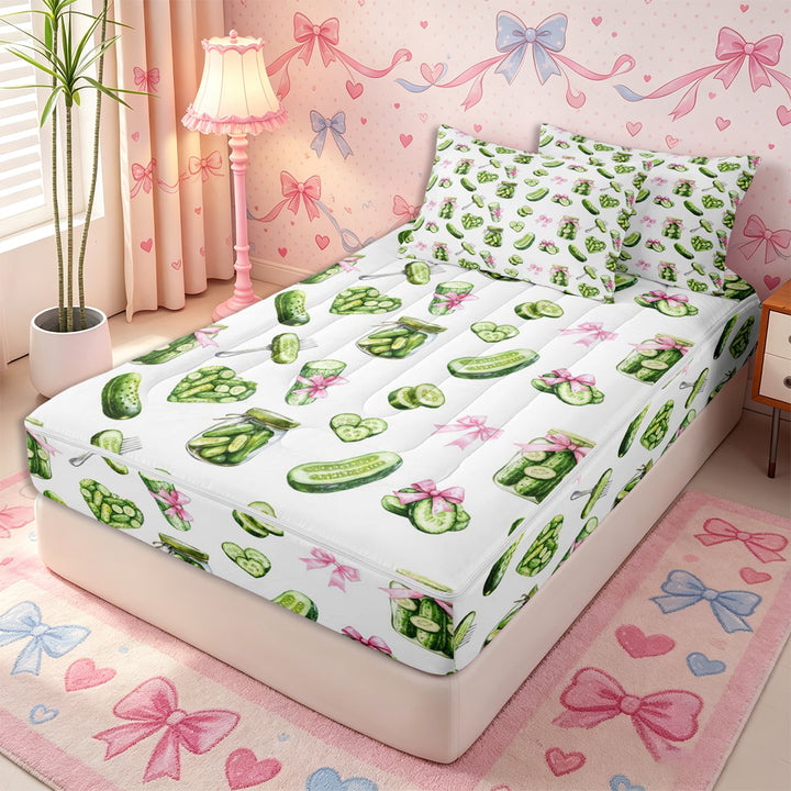Meiyoeat Watercolor Pickle Zipper Full Size Comforter Sets with Fitted Sheet and 2 Pillowcases for Food Lovers, Bow Print Zipper Bedding Set, Green Pink White,4pcs,Pink Reversible