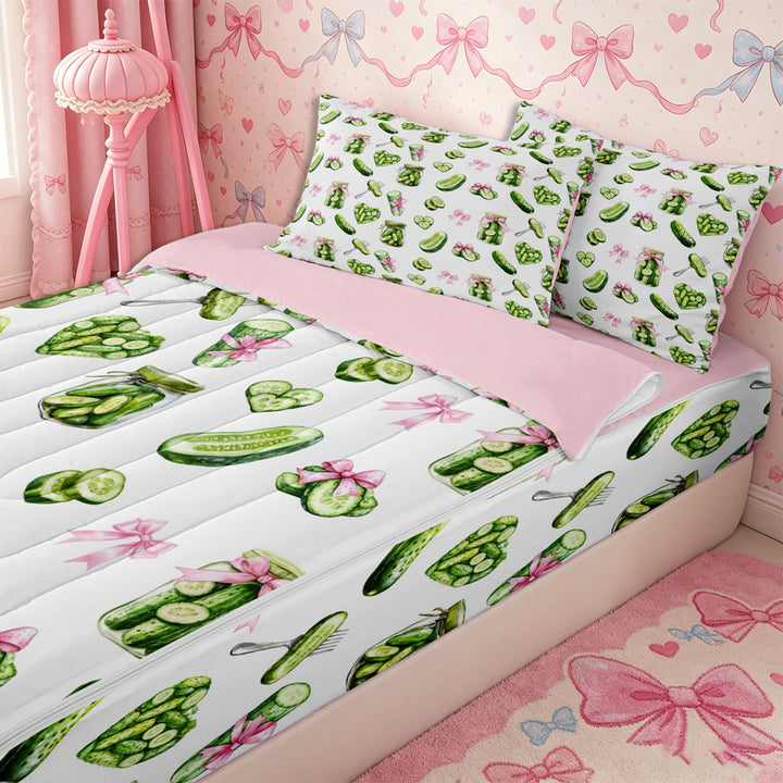 Meiyoeat Watercolor Pickle Zipper Full Size Comforter Sets with Fitted Sheet and 2 Pillowcases for Food Lovers, Bow Print Zipper Bedding Set, Green Pink White,4pcs,Pink Reversible