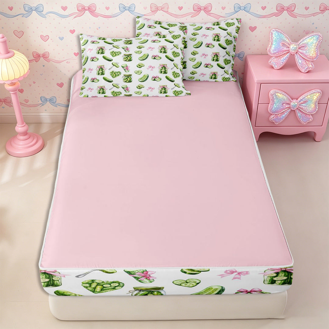 Meiyoeat Watercolor Pickle Zipper Full Size Comforter Sets with Fitted Sheet and 2 Pillowcases for Food Lovers, Bow Print Zipper Bedding Set, Green Pink White,4pcs,Pink Reversible