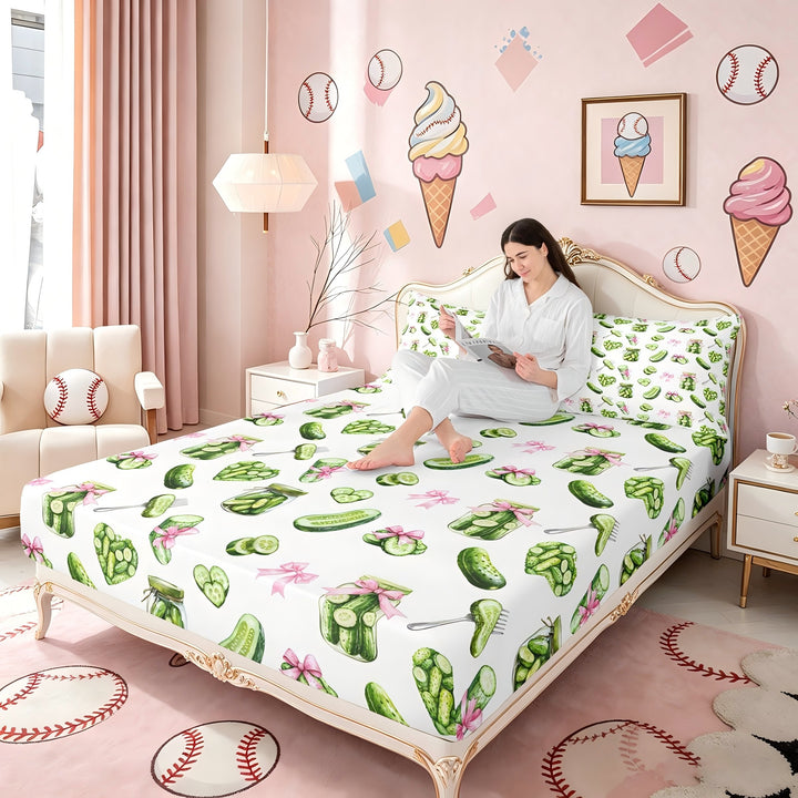 Meiyoeat Watercolor Pickle King Sheets 4pcs for Food Lovers, Ribbon Bow Print Bedding, Green Pink White