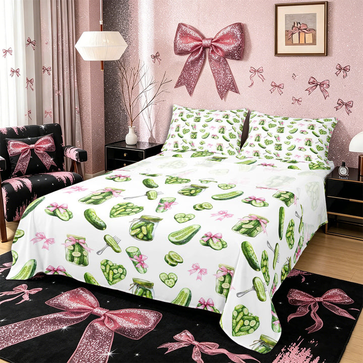 Meiyoeat Watercolor Pickle King Sheets 4pcs for Food Lovers, Ribbon Bow Print Bedding, Green Pink White