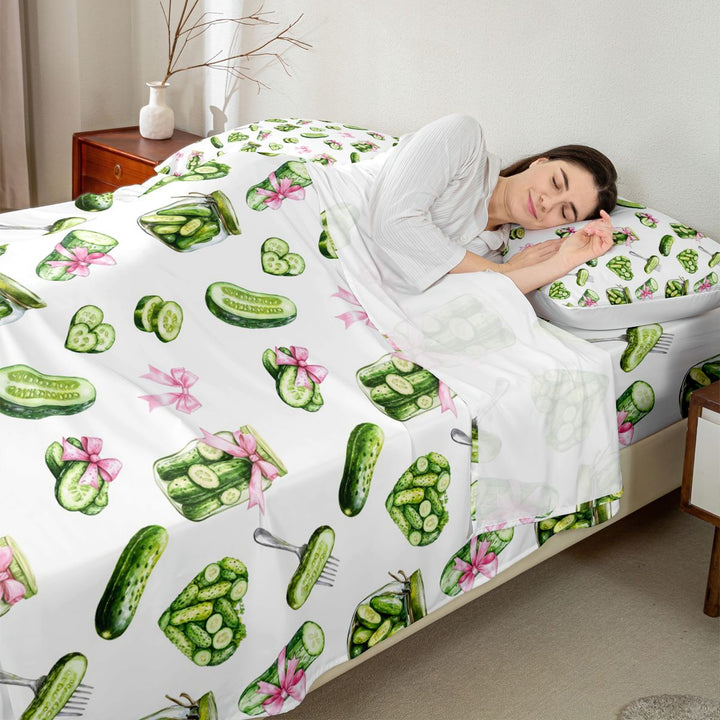 Meiyoeat Watercolor Pickle King Sheets 4pcs for Food Lovers, Ribbon Bow Print Bedding, Green Pink White