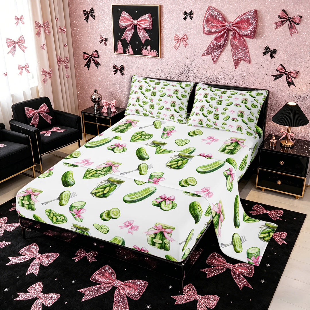 Meiyoeat Watercolor Pickle King Sheets 4pcs for Food Lovers, Ribbon Bow Print Bedding, Green Pink White