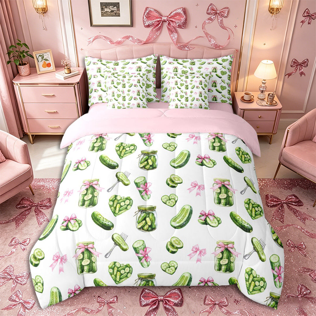 Meiyoeat Watercolor Pickle King Bedding 7pcs for Food Lovers, Bow Print King Bed in a Bag, Green Pink White,Pink Reversible