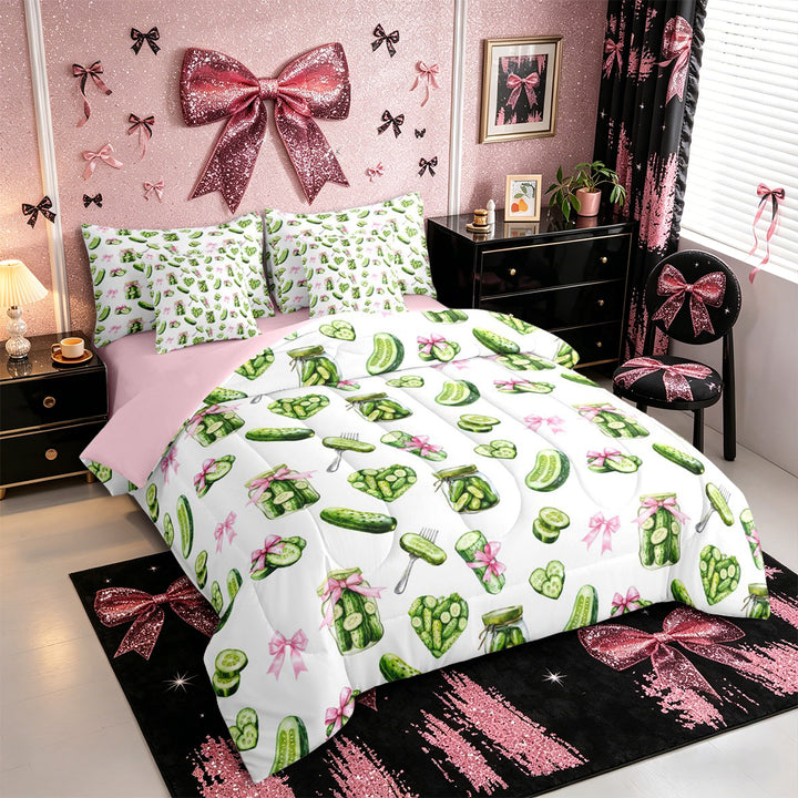 Meiyoeat Watercolor Pickle King Bedding 7pcs for Food Lovers, Bow Print King Bed in a Bag, Green Pink White,Pink Reversible
