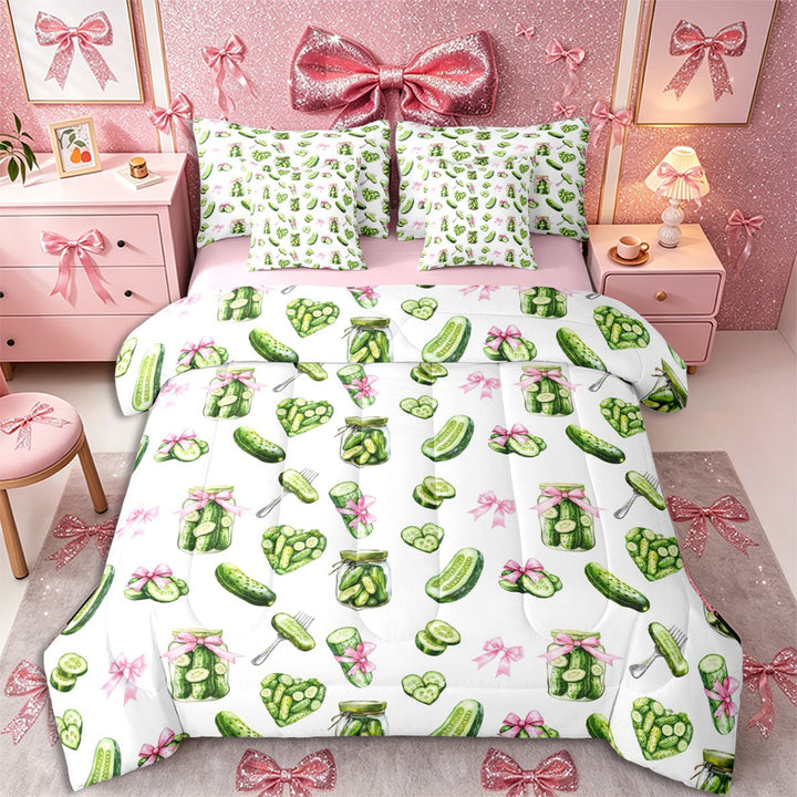 Meiyoeat Watercolor Pickle King Bedding 7pcs for Food Lovers, Bow Print King Bed in a Bag, Green Pink White,Pink Reversible