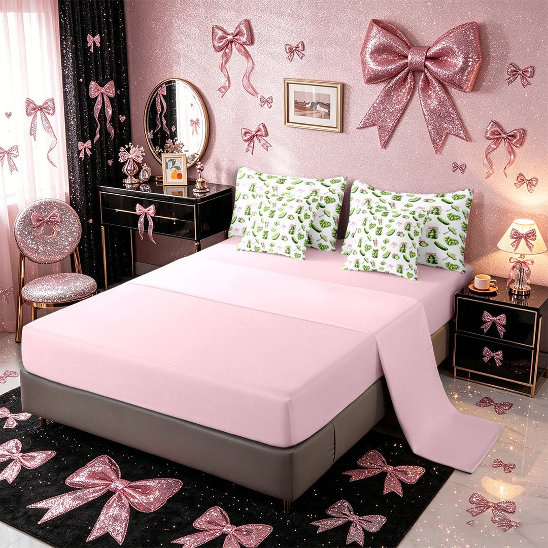Meiyoeat Watercolor Pickle King Bedding 7pcs for Food Lovers, Bow Print King Bed in a Bag, Green Pink White,Pink Reversible
