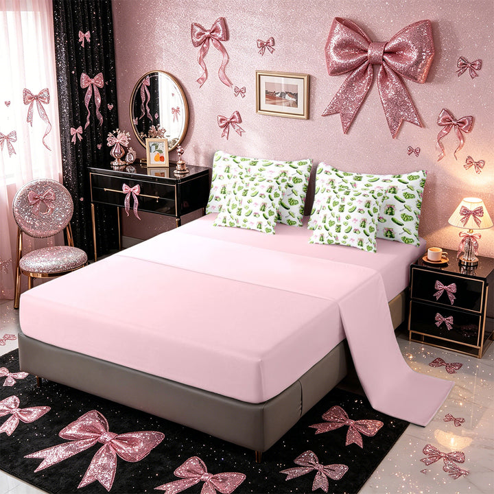 Meiyoeat Watercolor Pickle King Bedding 7pcs for Food Lovers, Bow Print King Bed in a Bag, Green Pink White,Pink Reversible