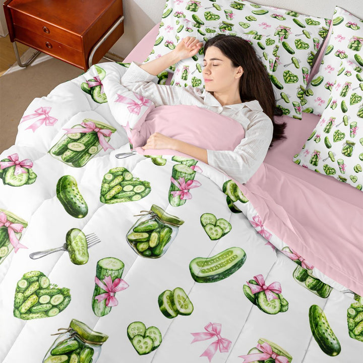 Meiyoeat Watercolor Pickle King Bedding 7pcs for Food Lovers, Bow Print King Bed in a Bag, Green Pink White,Pink Reversible