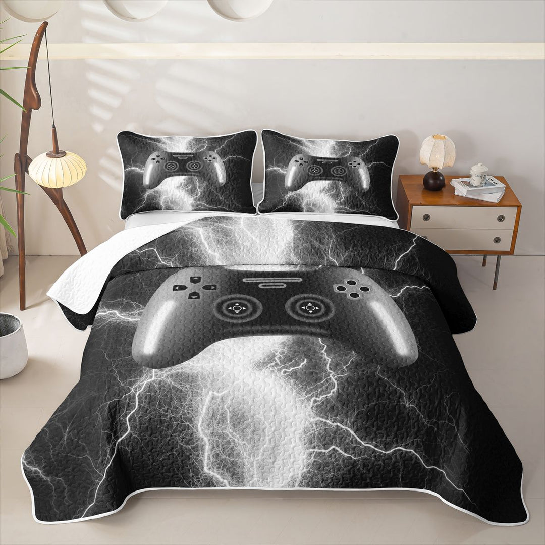 meiyoeat Neon Lightning Gamer Quilt Full for Teens Boys, Electric Black White Gaming Full Bedspread Sets, 3-Piece 1 Coverlet and 2 Pillowcases