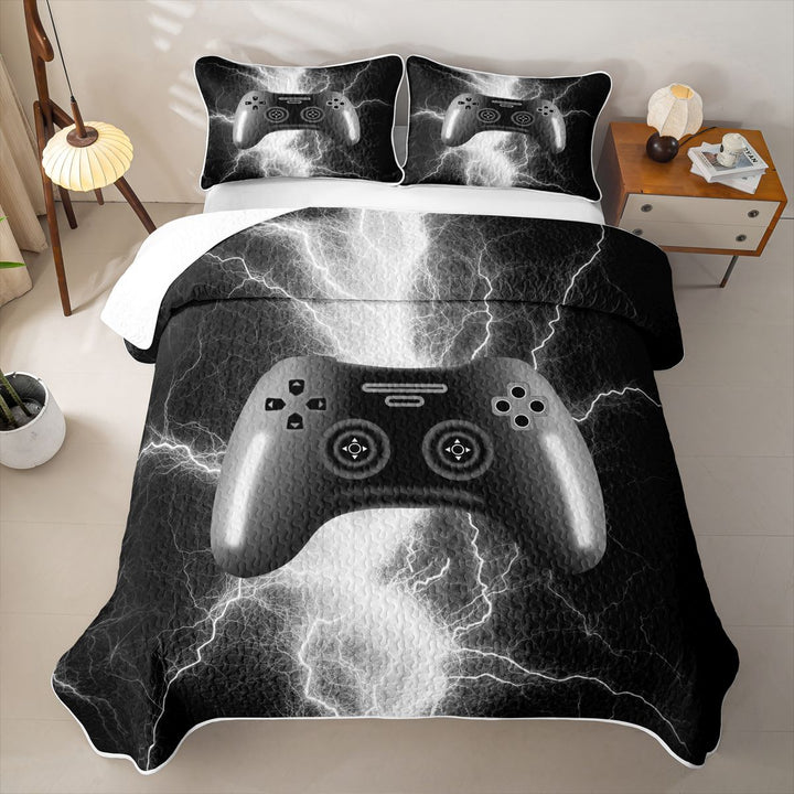 meiyoeat Neon Lightning Gamer Quilt Full for Teens Boys, Electric Black White Gaming Full Bedspread Sets, 3-Piece 1 Coverlet and 2 Pillowcases