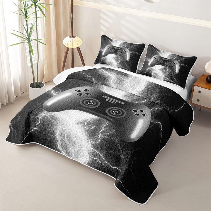 meiyoeat Neon Lightning Gamer Quilt Full for Teens Boys, Electric Black White Gaming Full Bedspread Sets, 3-Piece 1 Coverlet and 2 Pillowcases