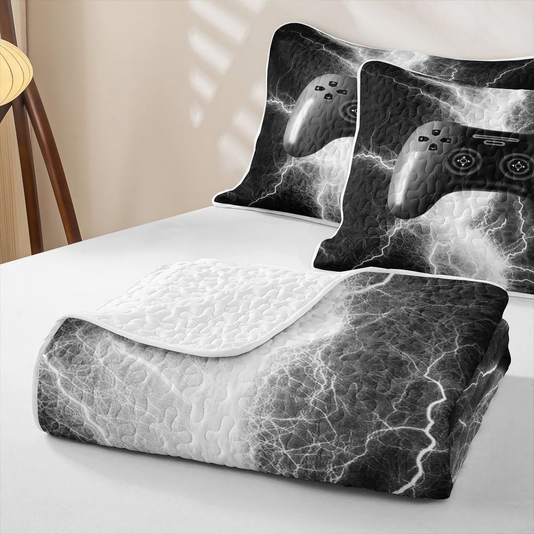 meiyoeat Neon Lightning Gamer Quilt Full for Teens Boys, Electric Black White Gaming Full Bedspread Sets, 3-Piece 1 Coverlet and 2 Pillowcases