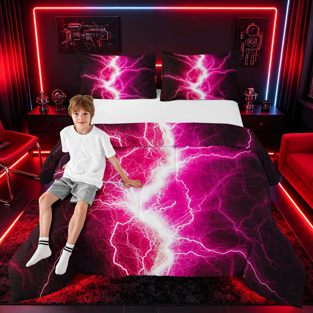 meiyoeat Neon Lightning Pattern Full Size Comforter Sets for Boys, Electric Pink Print Bedding Sets, Black Reversible 3 Pieces, 1 Comforter and 2 Pillowcases