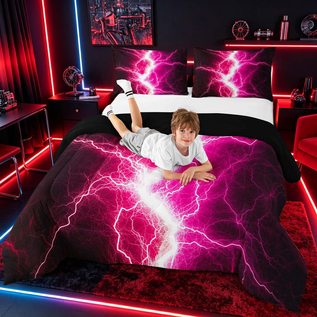 meiyoeat Neon Lightning Pattern Full Size Comforter Sets for Boys, Electric Pink Print Bedding Sets, Black Reversible 3 Pieces, 1 Comforter and 2 Pillowcases
