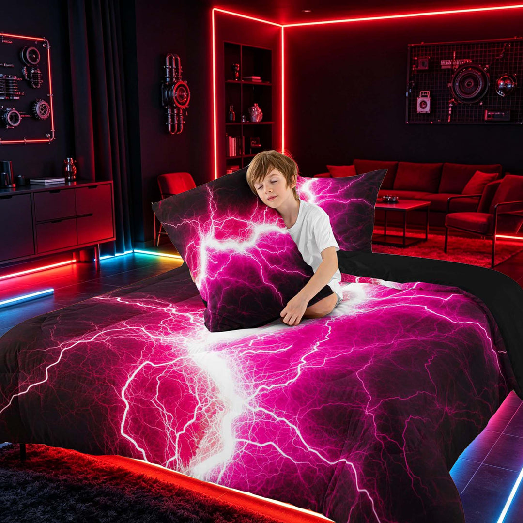meiyoeat Neon Lightning Pattern Full Size Comforter Sets for Boys, Electric Pink Print Bedding Sets, Black Reversible 3 Pieces, 1 Comforter and 2 Pillowcases