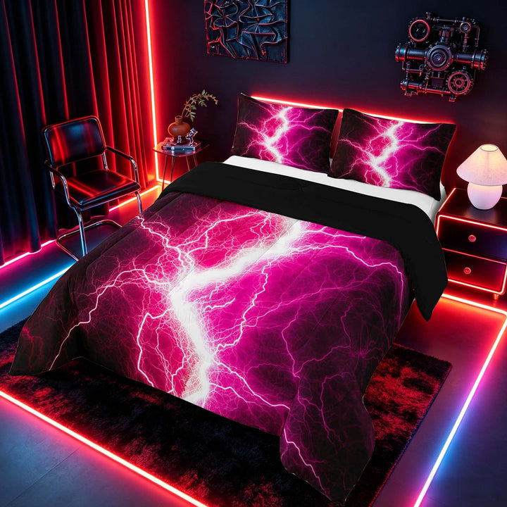 meiyoeat Neon Lightning Pattern Full Size Comforter Sets for Boys, Electric Pink Print Bedding Sets, Black Reversible 3 Pieces, 1 Comforter and 2 Pillowcases