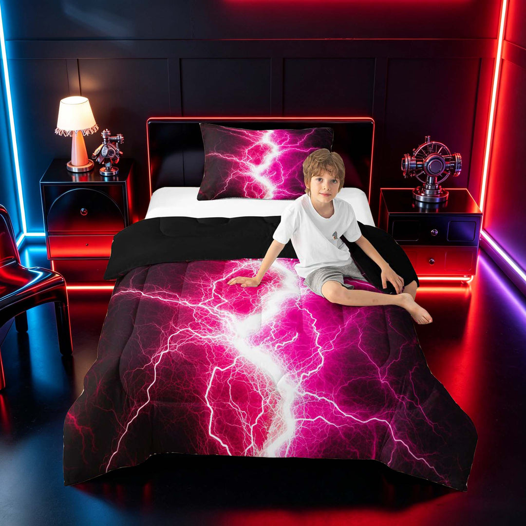 meiyoeat Neon Lightning Pattern Full Size Comforter Sets for Boys, Electric Pink Print Bedding Sets, Black Reversible 3 Pieces, 1 Comforter and 2 Pillowcases