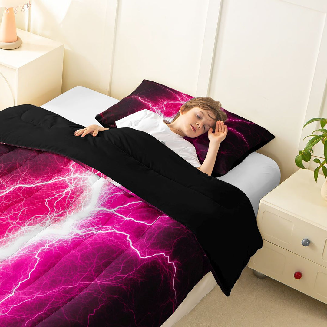 meiyoeat Neon Lightning Pattern Full Size Comforter Sets for Boys, Electric Pink Print Bedding Sets, Black Reversible 3 Pieces, 1 Comforter and 2 Pillowcases