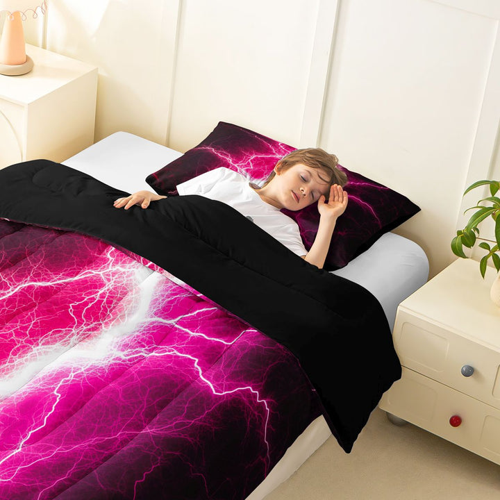 meiyoeat Neon Lightning Pattern Full Size Comforter Sets for Boys, Electric Pink Print Bedding Sets, Black Reversible 3 Pieces, 1 Comforter and 2 Pillowcases