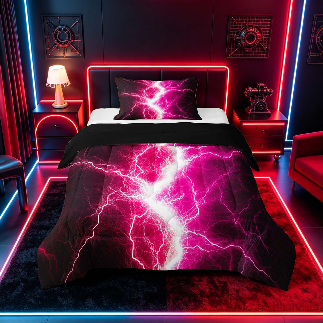 meiyoeat Neon Lightning Pattern Full Size Comforter Sets for Boys, Electric Pink Print Bedding Sets, Black Reversible 3 Pieces, 1 Comforter and 2 Pillowcases