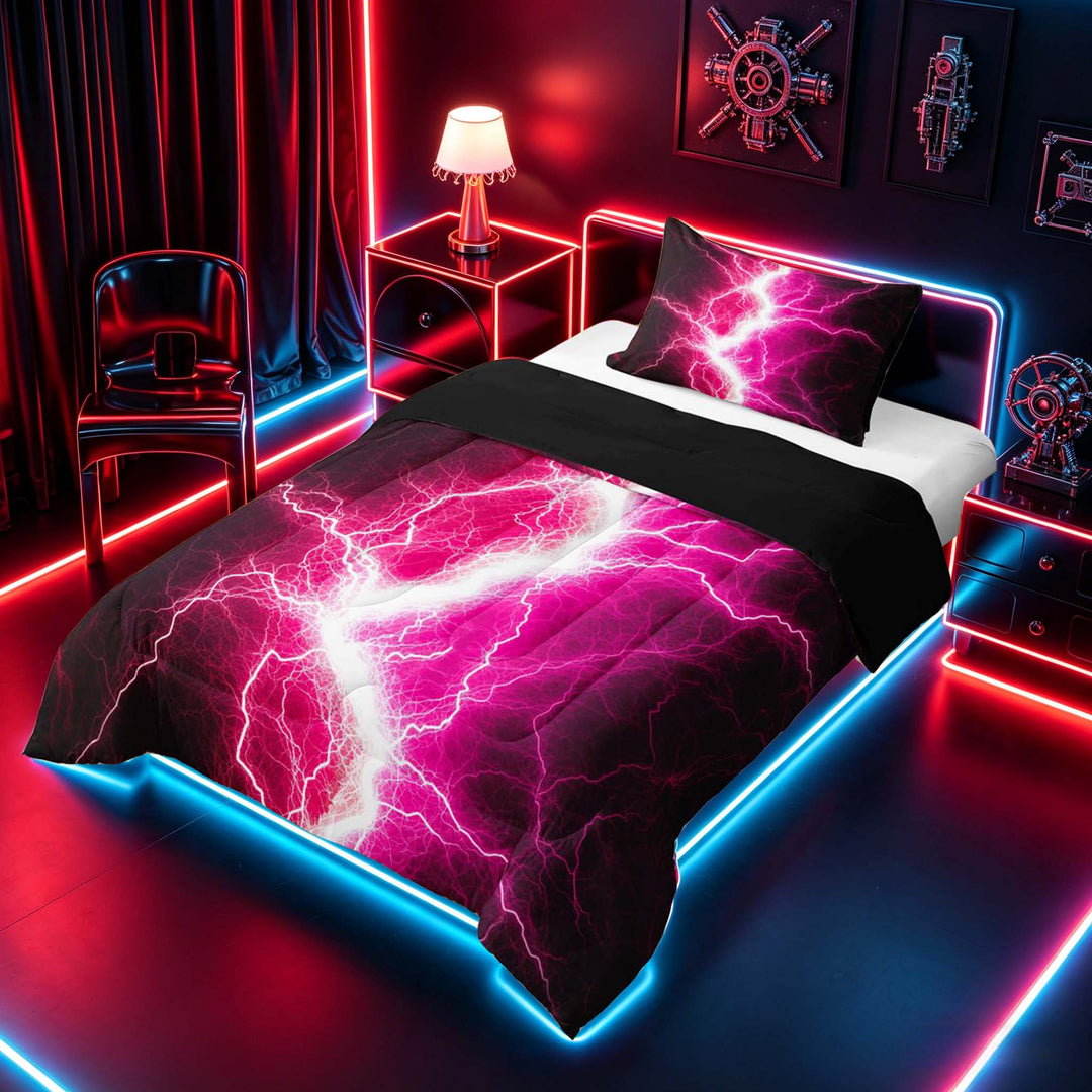 meiyoeat Neon Lightning Pattern Full Size Comforter Sets for Boys, Electric Pink Print Bedding Sets, Black Reversible 3 Pieces, 1 Comforter and 2 Pillowcases