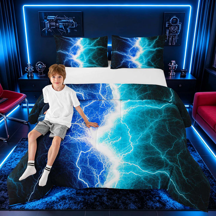 meiyoeat Neon Lightning Pattern Full Size Comforter Sets for Boys, Electric Blue Teal Print Bedding Sets, Black Reversible 3pcs, 1 Comforter and 2 Pillowcases