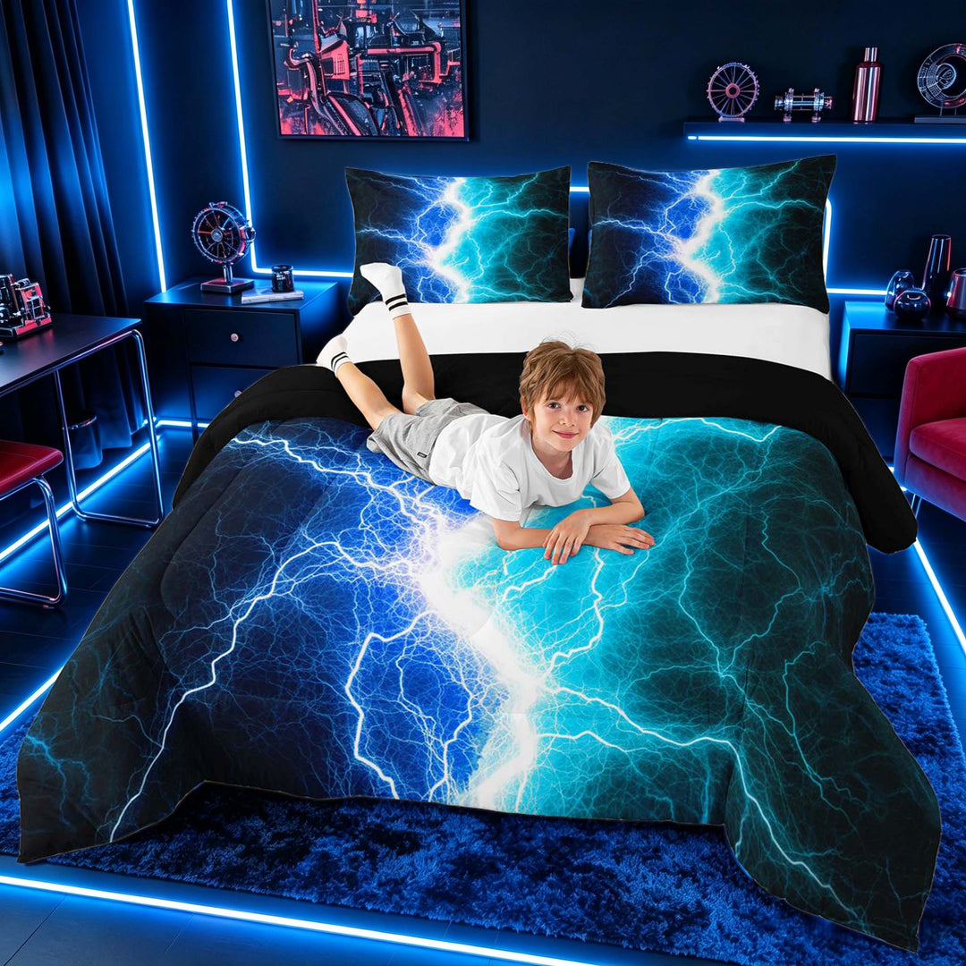 meiyoeat Neon Lightning Pattern Full Size Comforter Sets for Boys, Electric Blue Teal Print Bedding Sets, Black Reversible 3pcs, 1 Comforter and 2 Pillowcases