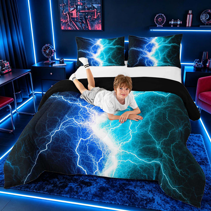meiyoeat Neon Lightning Pattern Full Size Comforter Sets for Boys, Electric Blue Teal Print Bedding Sets, Black Reversible 3pcs, 1 Comforter and 2 Pillowcases