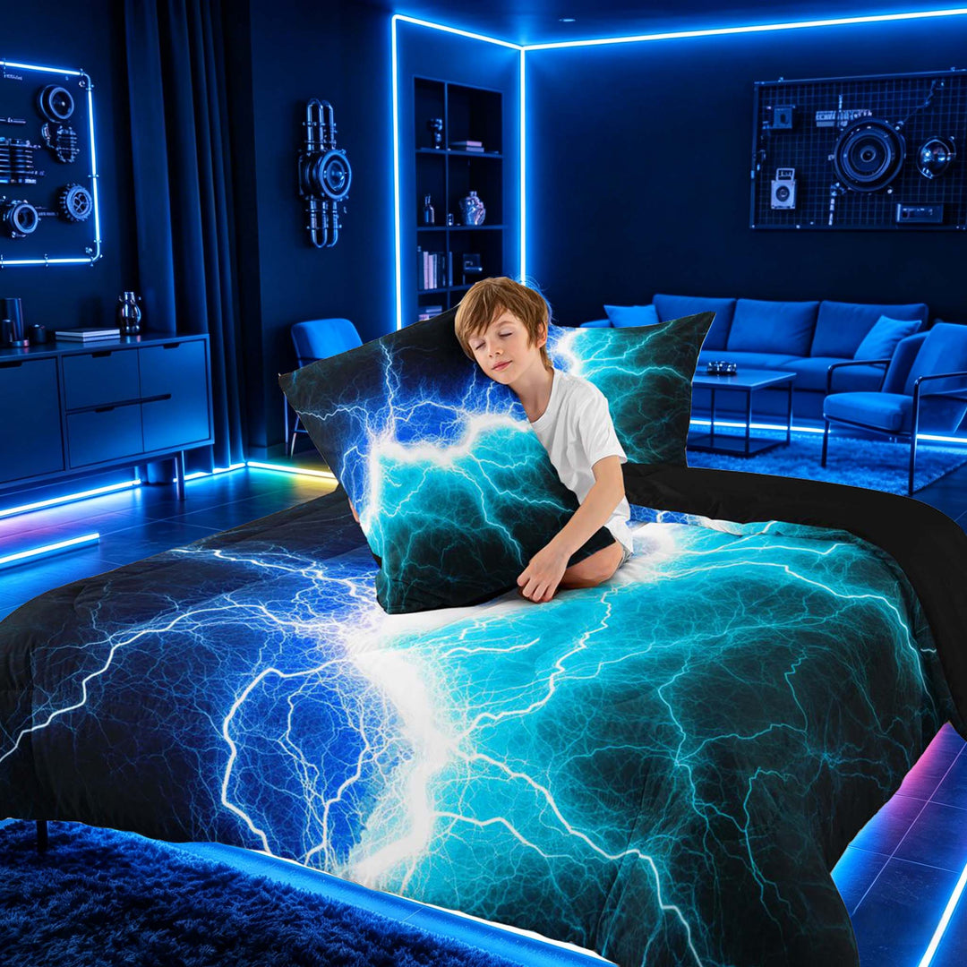 meiyoeat Neon Lightning Pattern Full Size Comforter Sets for Boys, Electric Blue Teal Print Bedding Sets, Black Reversible 3pcs, 1 Comforter and 2 Pillowcases