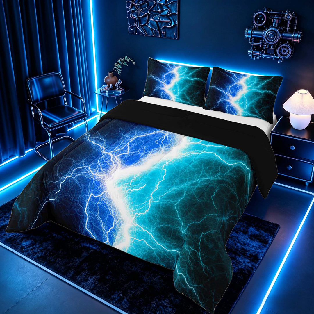 meiyoeat Neon Lightning Pattern Full Size Comforter Sets for Boys, Electric Blue Teal Print Bedding Sets, Black Reversible 3pcs, 1 Comforter and 2 Pillowcases