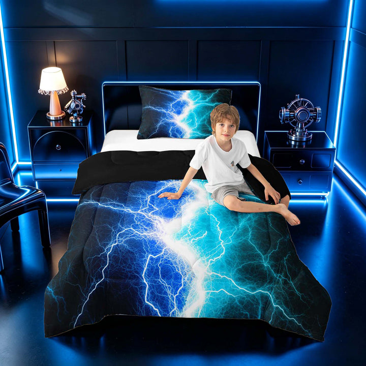 meiyoeat Neon Lightning Pattern Full Size Comforter Sets for Boys, Electric Blue Teal Print Bedding Sets, Black Reversible 3pcs, 1 Comforter and 2 Pillowcases